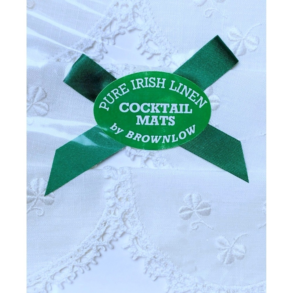 Irish Linen White Cocktail Mat Coasters 6pc Lace Edged Shamrock Embroidered NOS